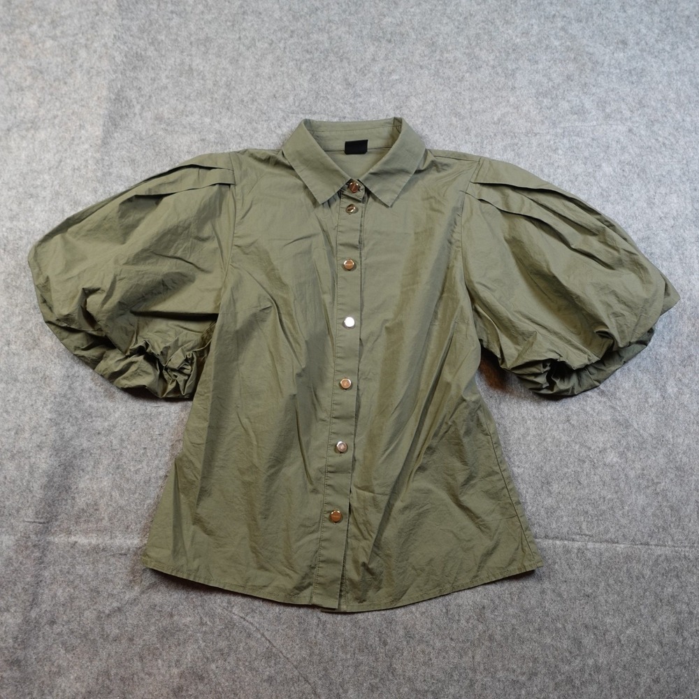 Pinko Top Womens 6 Poplin Button Front Shirt Puff Sleeve Green